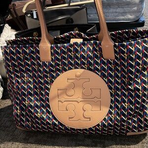 Tory Burch Navy and Tan Geometric Tote